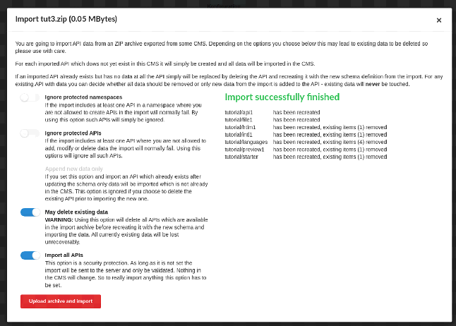 Screenshot Import-Dialog im CMS-Frontend