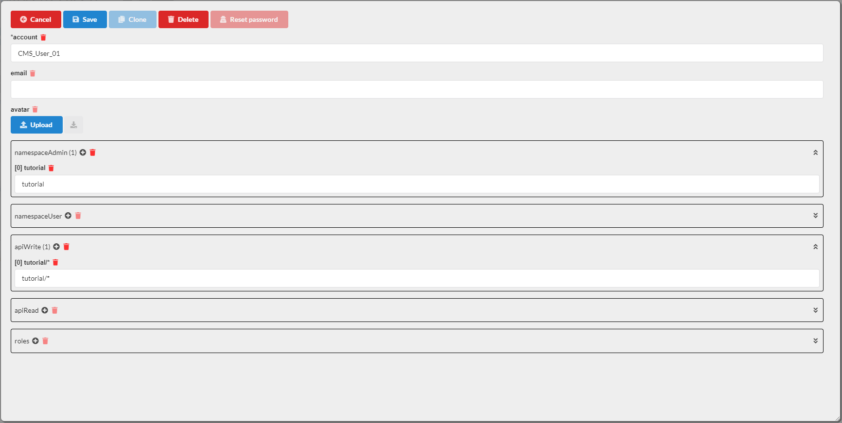 Typische Admin-User-Rechte für einen Namespace (hier: tutorial)