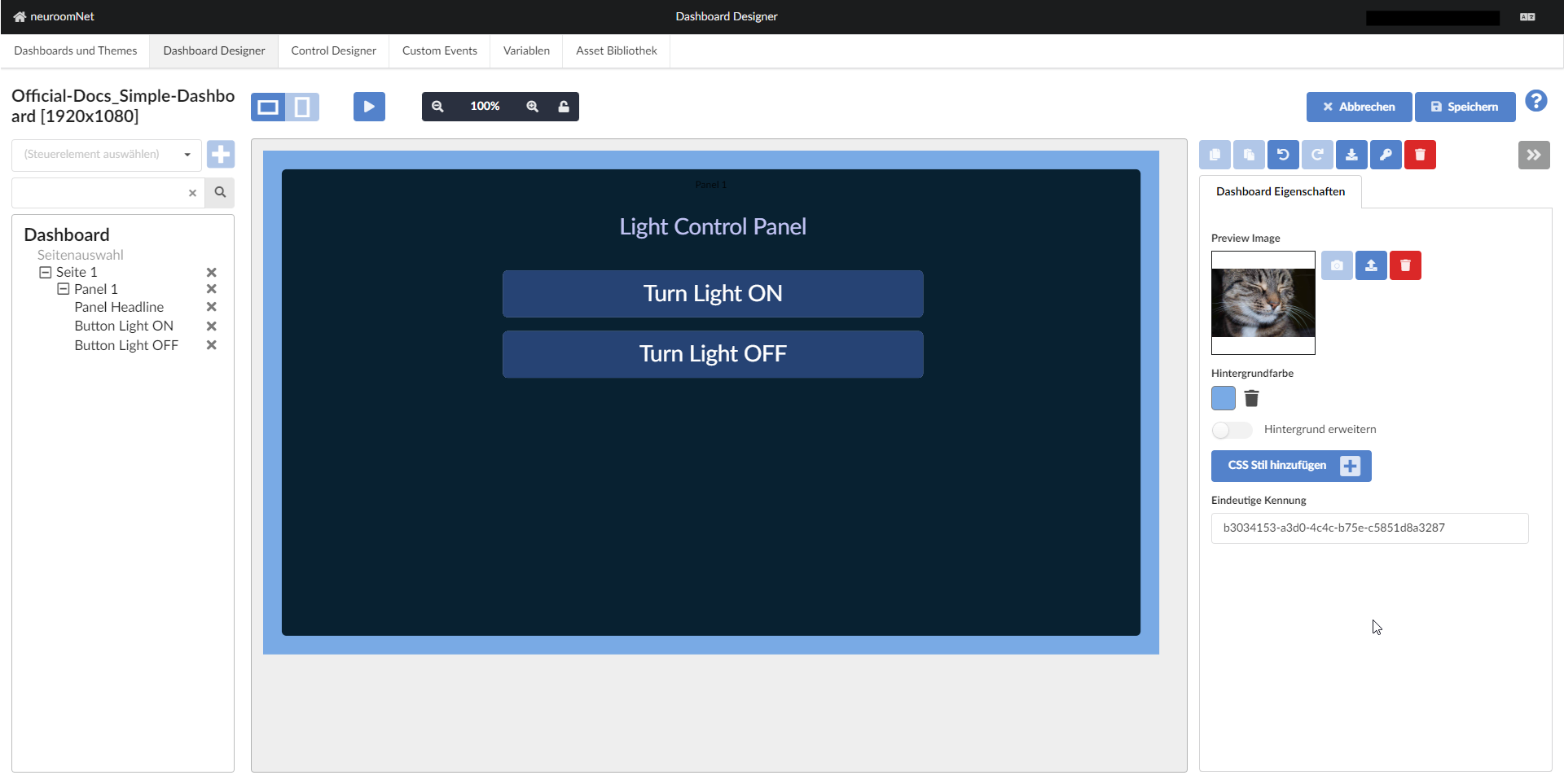 Reiter Dashboard Designer - Einstellungen für das Dashboard selbst