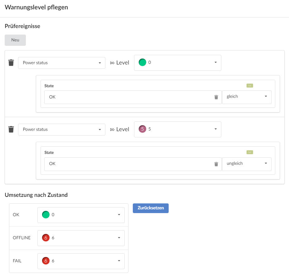 Modul Setup: Beispiel Warnungslevel nach Power-State von PJLink-Komponente