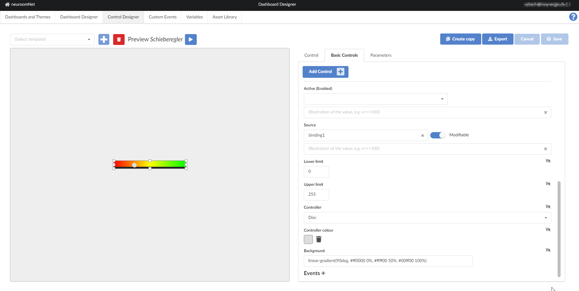 Screenshot Slider Control Eigenschaften 2 (nach unten gescrollt)