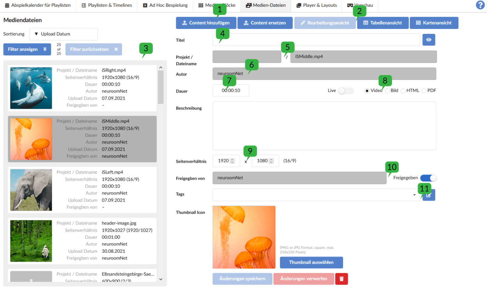 Screenshot Reiter Medien-Dateien im Modul Digital Signage