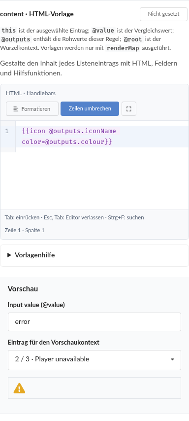 HTML-Fragmenteditor mit Eingabewert error, unabhängig gewähltem Vorschaueintrag und gerendertem Warnsymbol