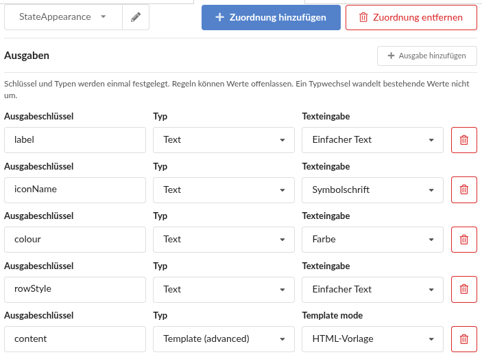 StateAppearance-Ausgabedefinitionen mit Texteingabehilfen und erweitertem HTML-Vorlagenmodus