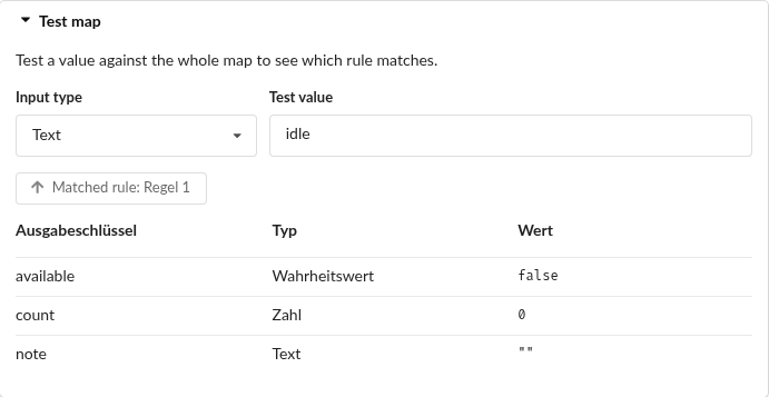Map-Test für Capabilities und idle mit erhaltenem Wahrheitswert false, der Zahl 0 und leerem Text