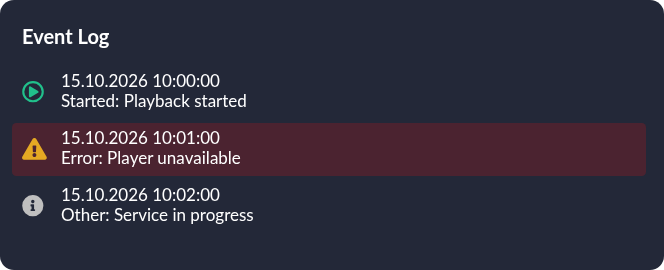 Event list showing Started, Error and Other, aligned icons, timestamps and an error-row background