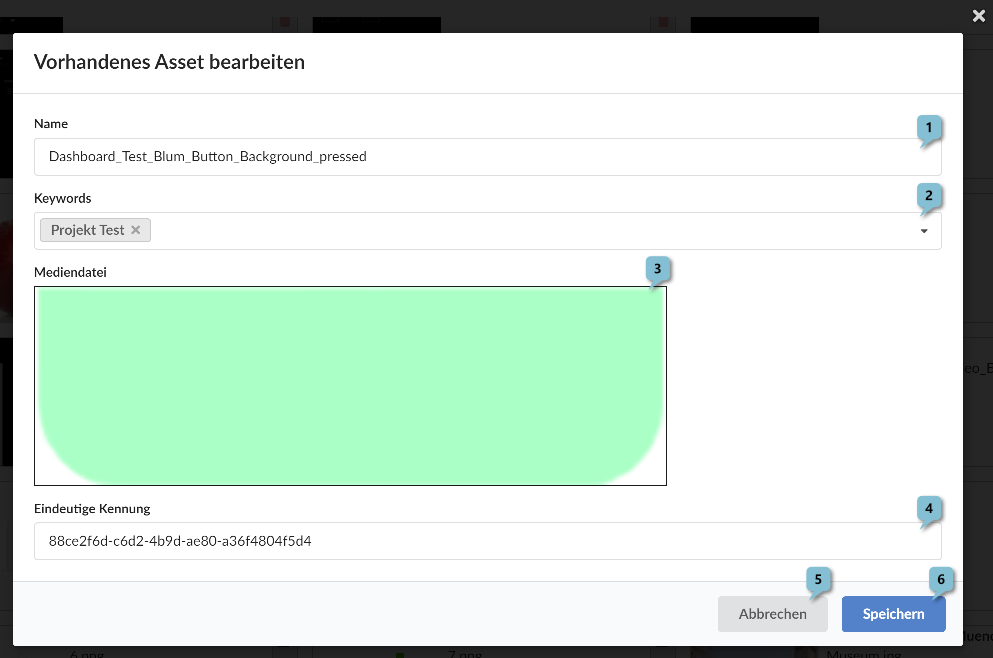 Screenshot Modul Dashboard Reiter Asset Bibliothek - Popup &quot;Vorhandenes Asset bearbeiten&quot;