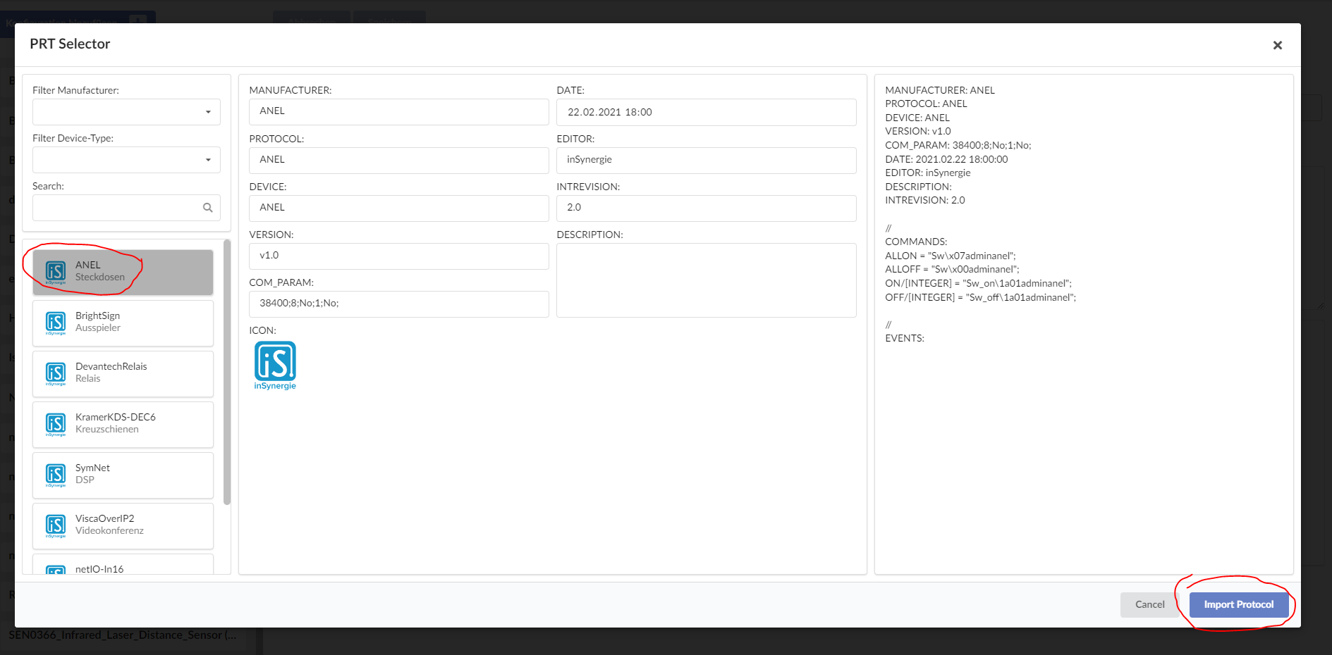 Screenshot: Device protocol selector dialog