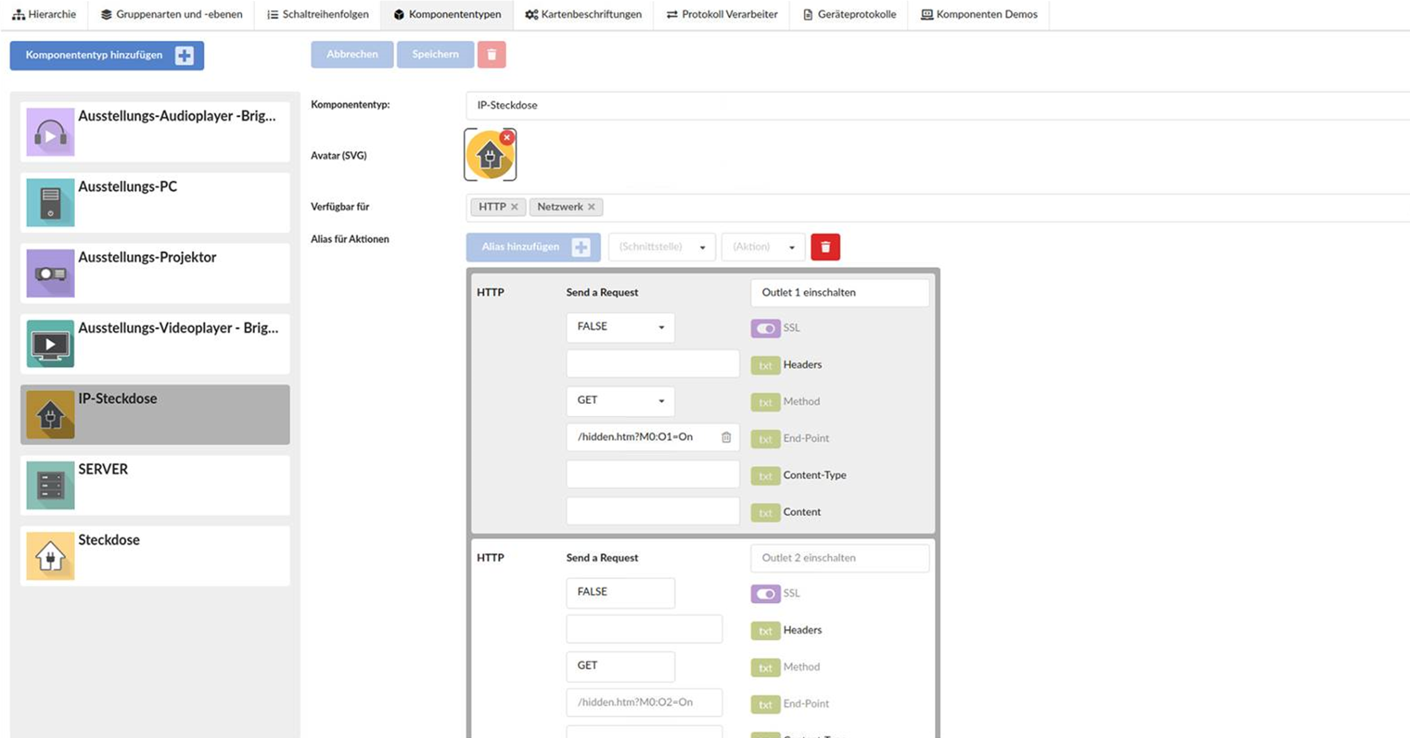 Screenshot configuration of actions for special IP sockets via aliases (and Provider HTTP)