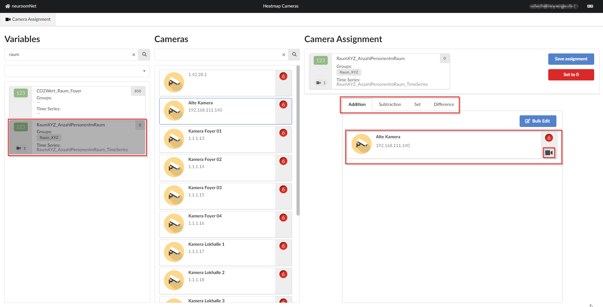 Screenshot module heatmap tab camera assignment