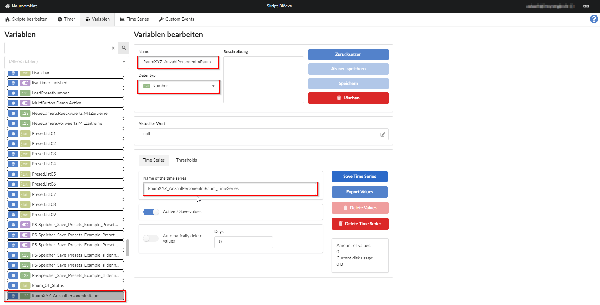 Screenshot module script blocks: create variables for a room