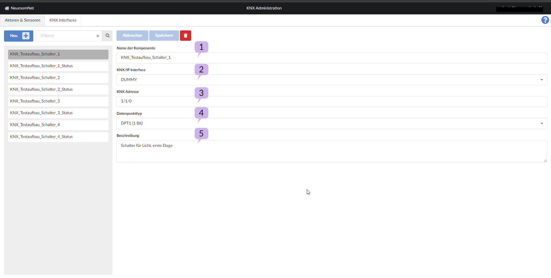 Screenshot tab Actuators &amp; Sensors in the KNX Administration module