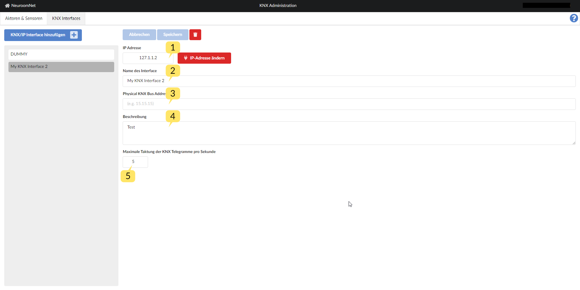 Screenshot of the KNX Interfaces tab in the KNX Administration module