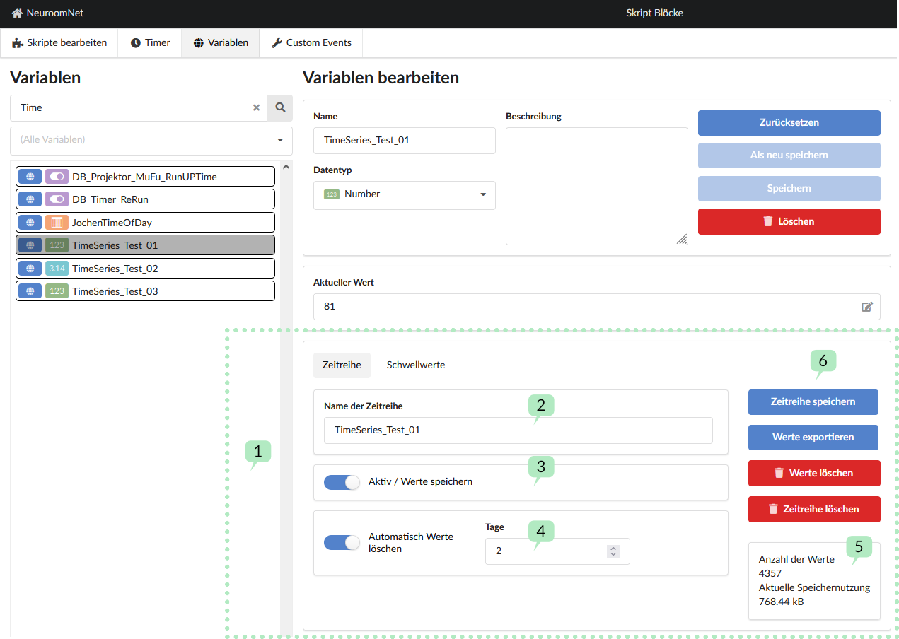 Screenshot time series in the variable dialog of the script blocks module