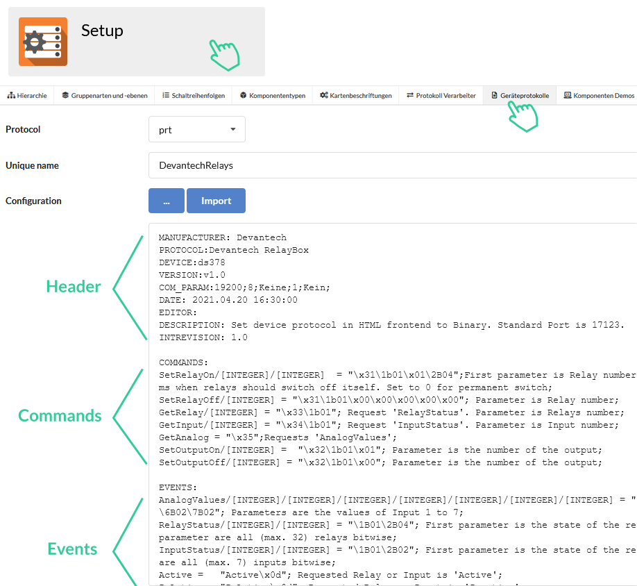 Screenshot PRT file in the Device Protocols tab in the Setup module