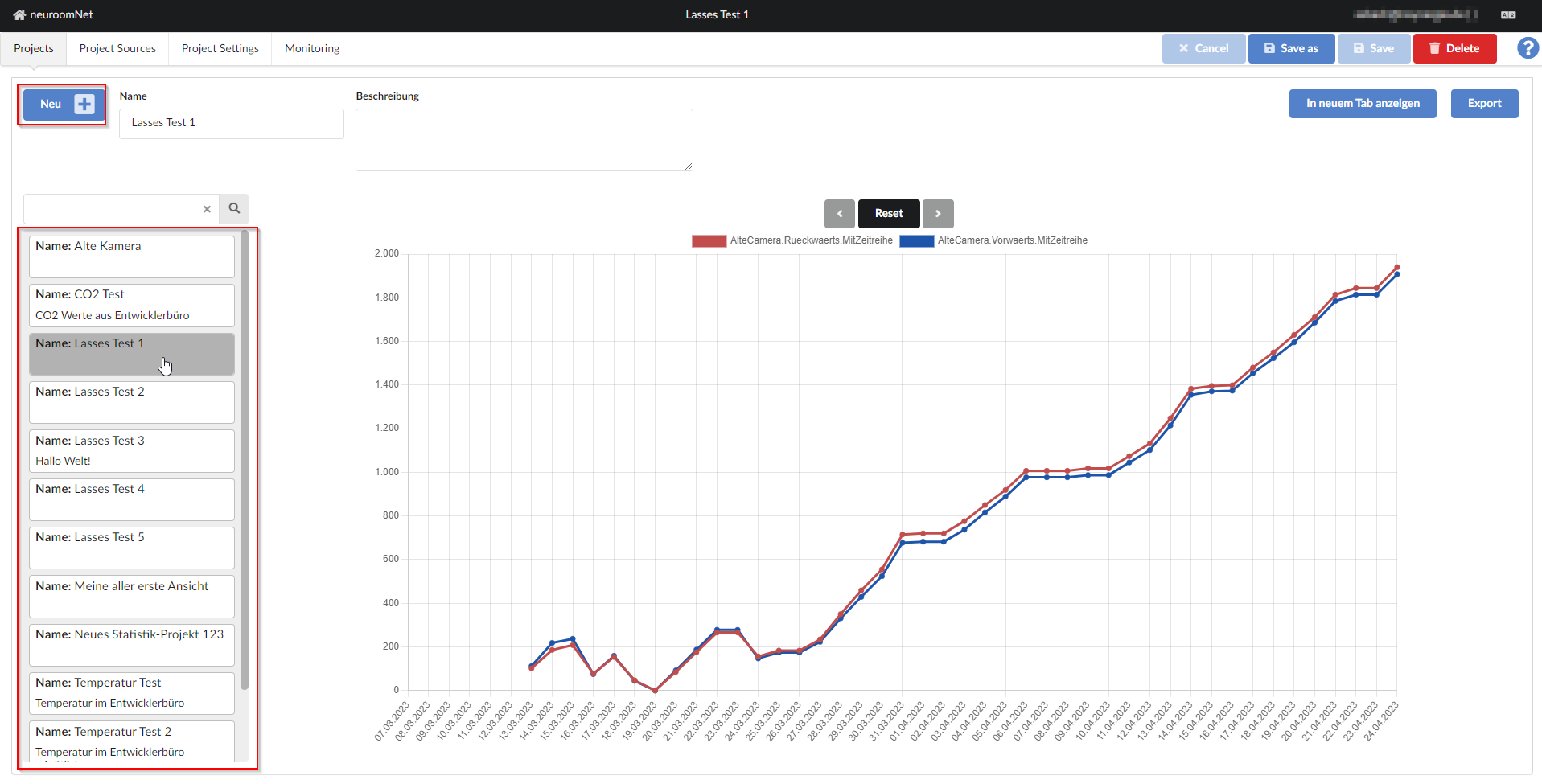 Projects tab in the Statistics module: Select a project or create a new one