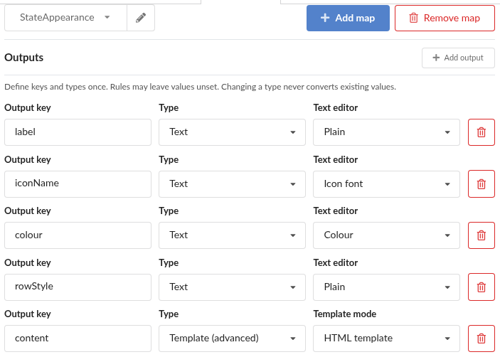 StateAppearance output definitions showing Text editor aids and the advanced HTML template mode